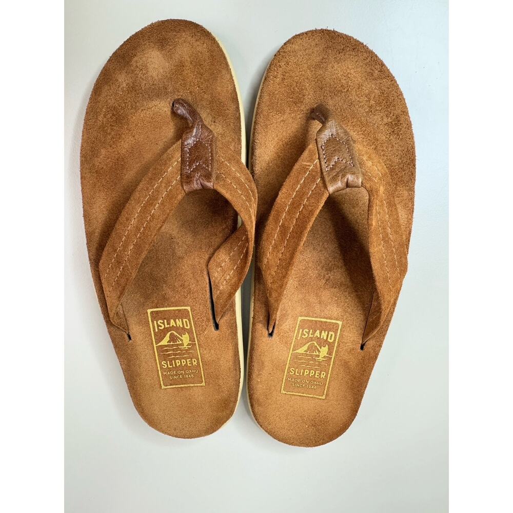 Island Slipper Suede‎ Flip Flops Men’s Size 8 Brown Slippers Hawaiian Beach USA